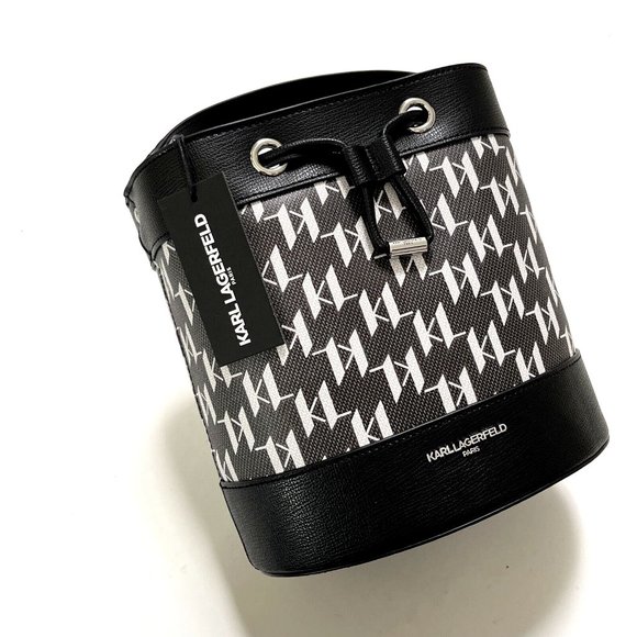 Karl Lagerfeld Paris Adele Logo Monogram Bucket Bag Black Gray Crossbody NWT - Picture 4 of 12